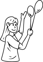 Happy girl playing with balloons in simple cartoon style