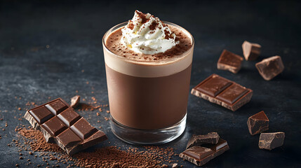 Chocolate Drink In Glass With Whipped Cream And Chocolate Pieces