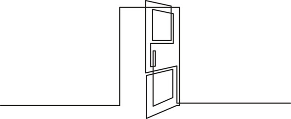 Opened door in continuous one line drawing. Single line art draw of open doors. Editable vector Illustration.