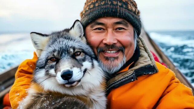 A man in a boat with a wolf on his back