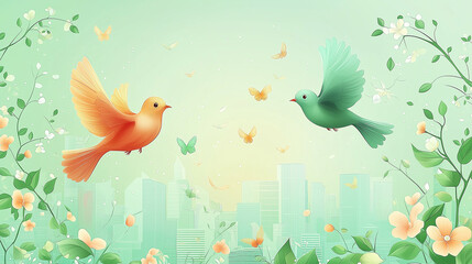 Pastel Cartoon Cityscape with Birds, Flowers and Leaves, Cute Vector Background for Children's Books, Web Design & Print Decor