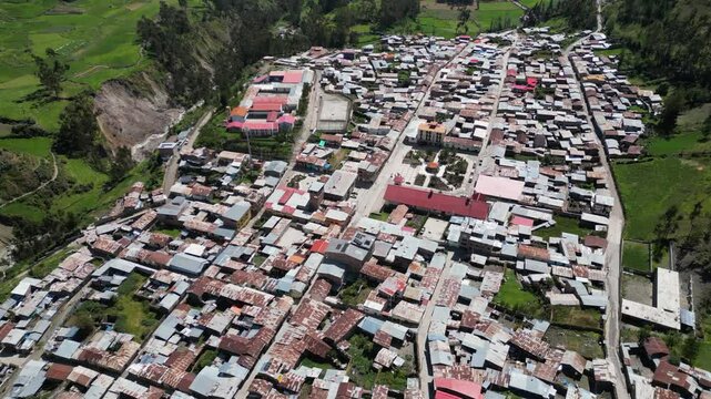 Aerial tilts over beautiful mtn river valley town of Cajatambo, Peru