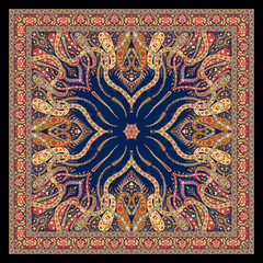 Navy Blue and Maroon Floral Bandana – Luxury Traditional Square Scarf Design with Black Border, Seamless Textile for Hijab, Shawl or Dupatta