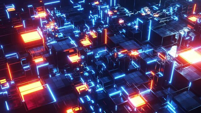Sci-fi city has glowing neons and a bright window. Infinitely looped animation. 3D rendering