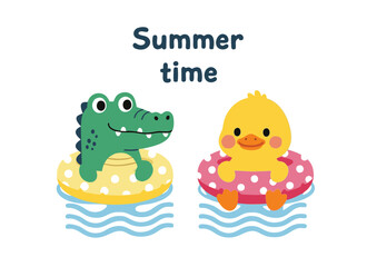 Adorable Crocodile and Duckling Enjoying Summer Fun in Inflatable Rings A Delightful Summertime Illustration