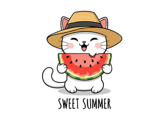 Naklejka premium Adorable Summer Cat Cartoon Illustration White Kitty Enjoying Watermelon Slice