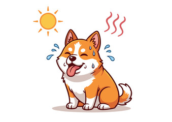 Adorable Corgi Cartoon Illustration Overheating in Summer Heat, Sweating and Panting