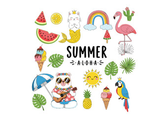 Adorable Summer Clipart Collection Kawaii Animals, Tropical Fruits, and Fun Summer Icons - Perfect for Crafting and Design Projects