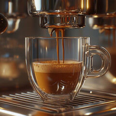 A realistic close-up photo of espresso being extracted from a machine, rich crema forming as dark liquid flows smoothly