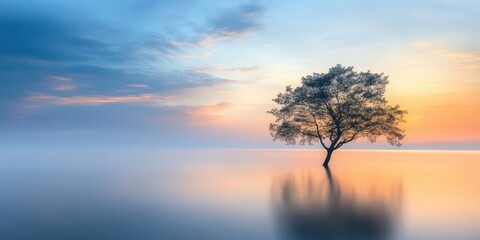 Solitary tree reflects in tranquil water at sunrise.