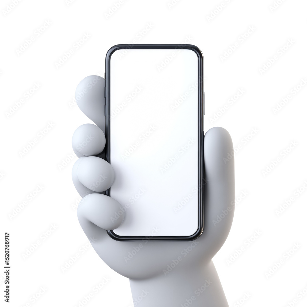 Poster minimalistic hand holding modern smartphone with blank white screen display