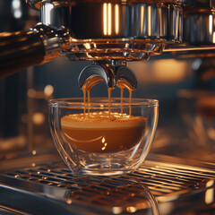 A realistic close-up photo of espresso being extracted from a machine, rich crema forming as dark liquid flows smoothly