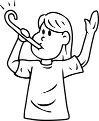 Cartoon girl blowing party horn line art illustration