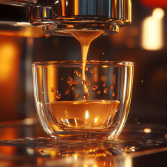 A realistic close-up photo of espresso being extracted from a machine, rich crema forming as dark liquid flows smoothly