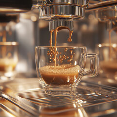 A realistic close-up photo of espresso being extracted from a machine, rich crema forming as dark liquid flows smoothly