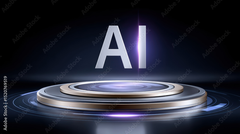 Poster ai technology with cloud integration and api connection glowing on futuristic platform in dark backg