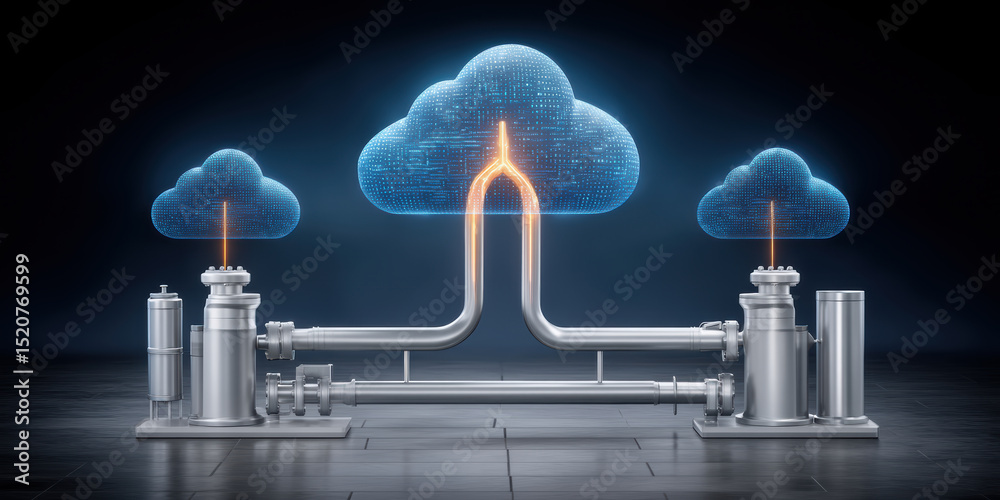 Poster cloud integration with ai api technology connects data pipelines and servers in futuristic digital n