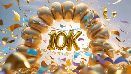 mark the milestone of reaching 10,000 subscribers with gleaming golden '10K' balloons and a burst of colorful confetti. A lively, festive banner brimming with joy and celebration