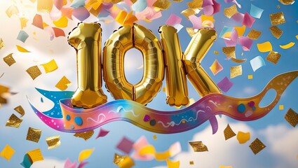 mark the milestone of reaching 10,000 subscribers with gleaming golden '10K' balloons and a burst of colorful confetti. A lively, festive banner brimming with joy and celebration