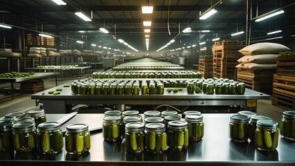 Automated factory line producing pickles sealed in glass jars, showcasing efficient food processing, preservation techniques, and large-scale vegetable packaging for distribution.