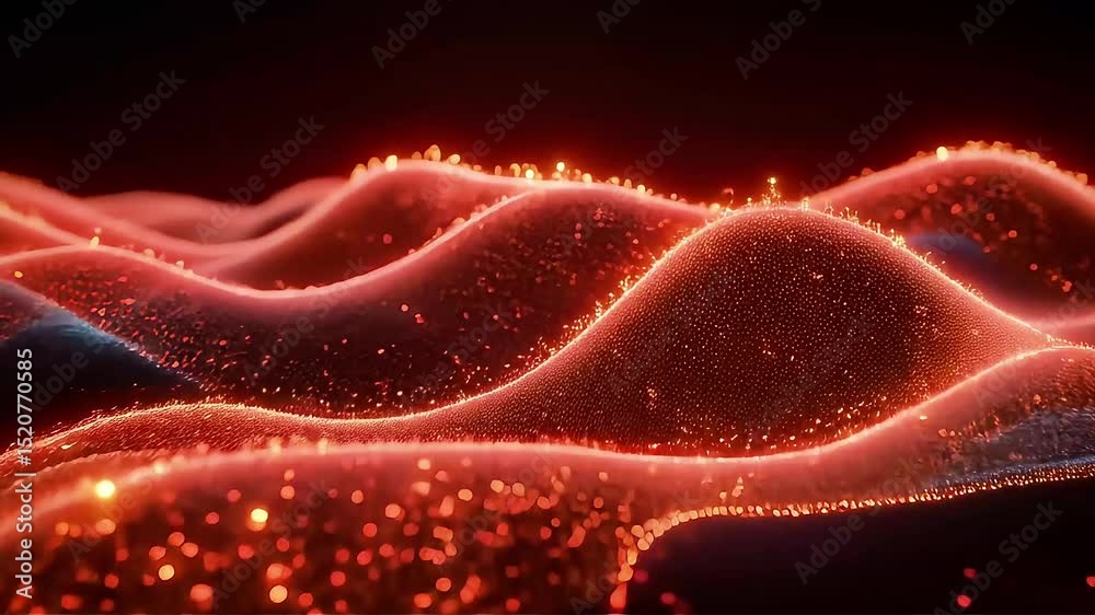 Poster abstract red particle waves: glowing ember landscape