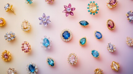 Jewelry photos arranged on a light, colorful background.
