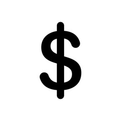 Black dollar sign symbol, financial icon representing money, currency, income, cost, or economy, suitable for banking, finance, accounting, or business use.
