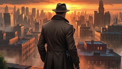 An illustration showing the back view of a detective standing against a cityscape at sunset, evoking mystery, investigation, and a noir atmosphere with warm glowing light and urban silhouettes