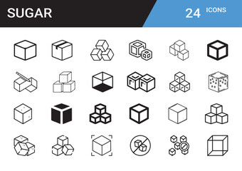 Sugar Cubes Icon Set: A comprehensive collection of 24 meticulously crafted icons showcases sugar cubes in diverse forms, presenting a visual guide to this fundamental food ingredient.