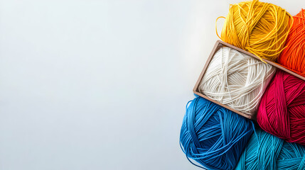 Colorful Yarn Balls In Wooden Box On Light Gray Background