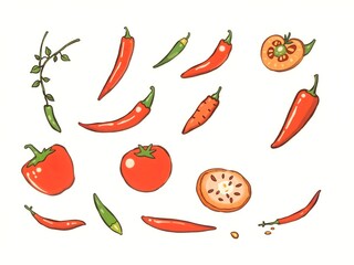 abstract Cute pastel Hand drawn colorful doodle vegetables in trendy organic style. Red and green pepper, hot chili, tomatoes illustration