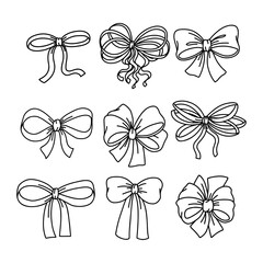 Set of coloring Black and White Bows, Vector Collection of Isolated Ribbon Bows on White Background