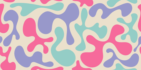 Fototapeta na wymiar Funky liquid shapes seamless pattern - abstract colorful blobs, drops and splashes forms in psychedelic 60s style on groovy background. Wavy trippy pastel curves, fluid retro design texture.