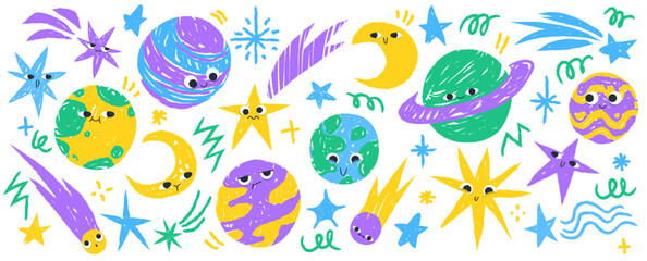 Cute outer space sticker set drawn with crayons - funny kawaii planets and comets, stars doodle with different emotions on faces. Childish sketch cosmic elements. Cartoon astronomy vector design.