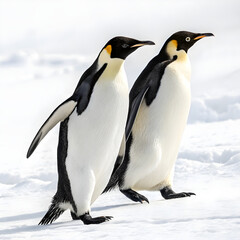 Fototapeta premium Two emperor penguins walking side by side, full body view.