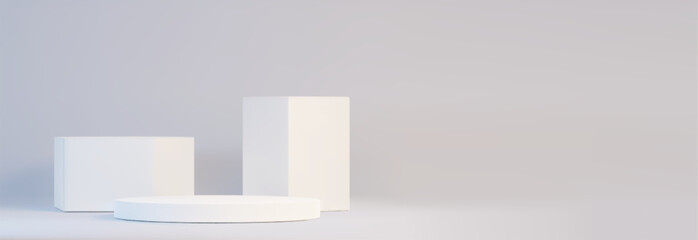 Fototapeta premium Minimalist white geometric podium on light gray background - simple platforms of different heights and shapes, blank studio setup. 3d empty product display. Modern stage design for product showcase.