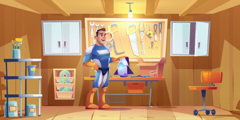 Cartoon superhero man builds rocket in garage workshop - smiling character wearing blue costume with yellow gloves holds turbo engine near tool wall. Hero mechanic works on jet propulsion device.