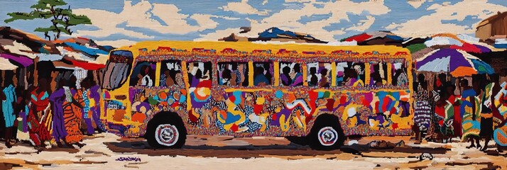 Fototapeta premium Painted bus with passengers parked near market stalls under a bright sky.