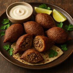 Lebanese kibbeh with bulgur shell, spiced meat filling, lemon, and sauce. AI-generated.