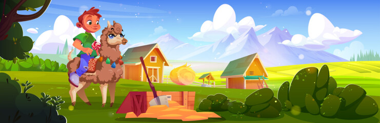 Boy rides llama holding candy near wooden box in country village - happy child with pink lollipop sits on fluffy alpaca beside wood chest. Rural farm landscape with kid sits atop decorated animal.