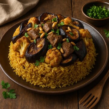Palestinian maqluba with rice, lamb, eggplant, cauliflower, and pine nuts. AI-generated.
