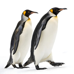 Fototapeta premium Two emperor penguins walking side by side, full body view.