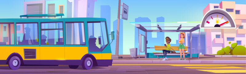 Bus stop scene with waiting passengers - yellow public transport vehicle near shelter with two people sit on bench. Urban setting with colorful buildings, modern glass station for city infrastructure.