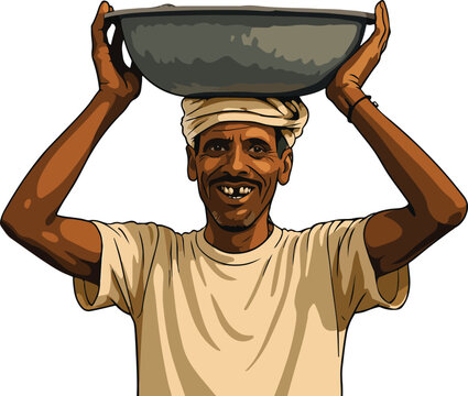 Rural worker with metal pan on head vector illustration