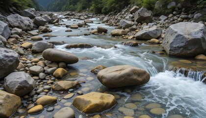 Clear River Water Flowing Over Smooth and yellow Stones in Mountain Valley