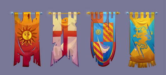 Ragged medieval game banners hanging on golden and silver poles - torn emblem, cross design, shield heraldry symbol banner. Colorful ripped fabric flags for castle kingdom adventure rpg decoration.