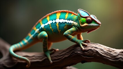 Obraz premium A brightly colored panther, or veiled chameleon, sits on a branch, with striking patterns of green, blue, yellow, and orange.