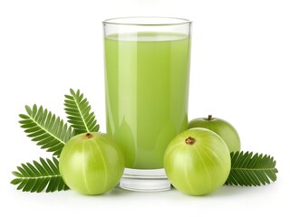Fresh glass of amla juice with whole Indian gooseberries and green leaves isolated on white background