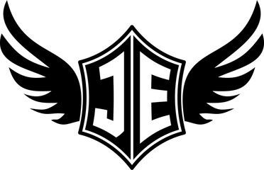 JE logo emblem with winged and shield template