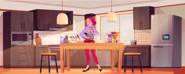 Cartoon woman cooking in modern kitchen - pink haired character holds pot at wooden table with dark cabinets, microwave, fridge, pendant lights and stools. Home interior scene for culinary content.